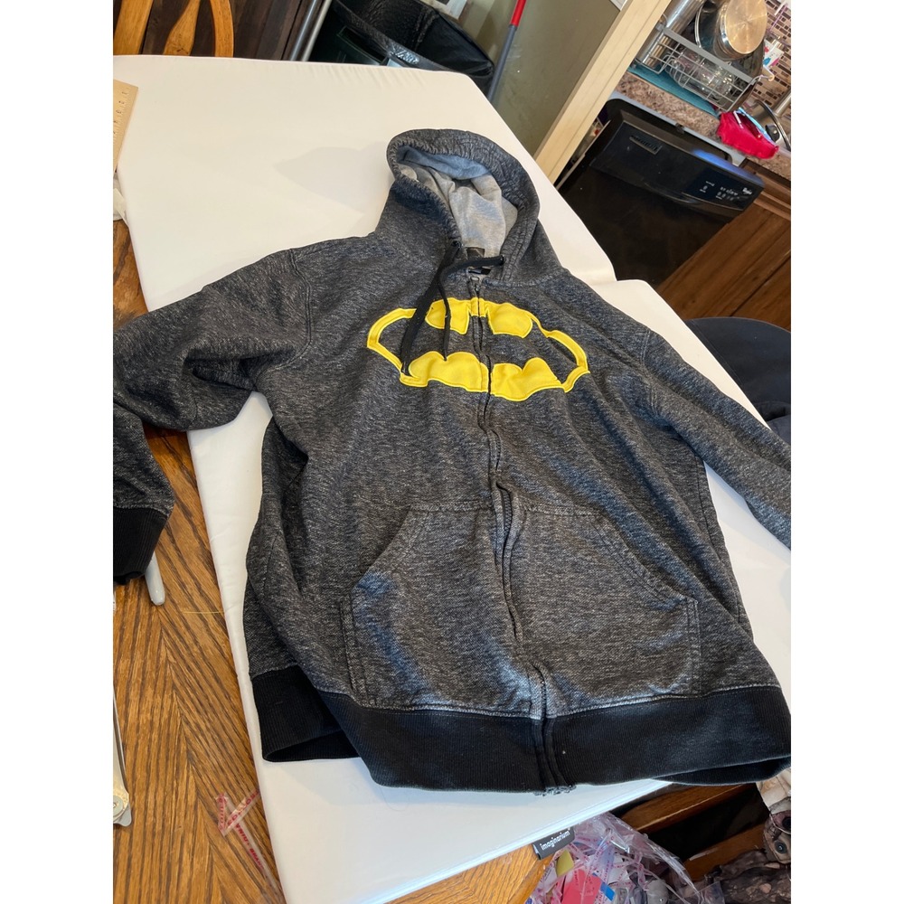 Batman Zip Up Hoodie Gray Yellow Graphic Logo DC Comics Adults Size Medium